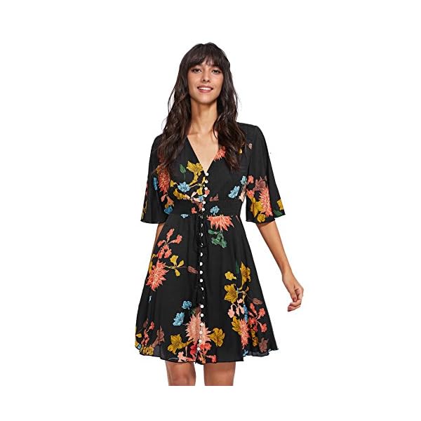 Milumia-Womens-Boho-Button-Up-Split-Floral-Print-Flowy-Party-Dress Milumia Women's Vintage Boho Button Up Split Floral Print Flowy Party Dress A Black X-Large