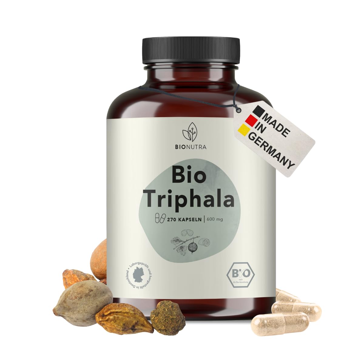 BIONUTRA® Capsule Triphala bio alto dosaggio, 1200 mg/giorno, controllo residui, produzione tedesca, vegane, senza lattosio né glutine, senza additivi, polvere Triphala bio, 270 x 600 mg