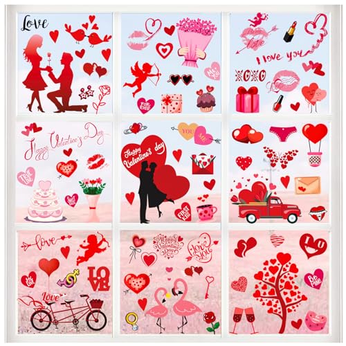QNTCCX 9-Sheet Valentine's-Day Window Clings - Hearts Decor with 103Pcs Window Stickers for Home, Party, Wedding Decor - Elevate Festive Vibes with Window Ornaments