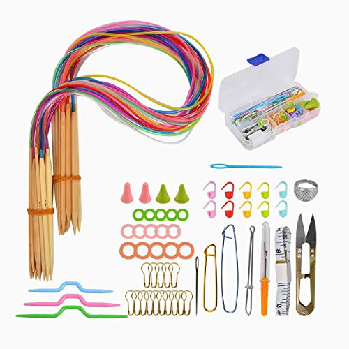 RoadLoo Agujas Punto Circular, 18 Pairs 2 mm - 10 mm Round Color Tube Bamboo Agujas Knitting Needle Set Agujas Tejer Circulares Bambú Circulares Knitting Needle Agujas con Ganchillos Accesorios (76)