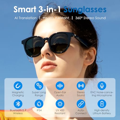 AI Glasses, AI Translator Powered by ChatGPT, AI Assistant, Bluetooth Smart Glasses for Men & Women, Polarized Sunglasses, Audio Smart Eyewear for Gaming Travel Meeting Memos, Earphone Glasses2