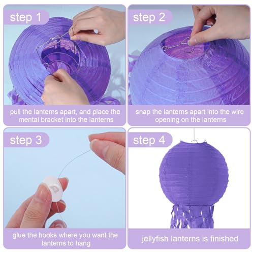 Image of Set of 6 Hanging Jellyfish Paper Lanterns Blue Jellyfish Decor for The Sea Ocean Party, Mermaid Birthday Decoration, Baby Shower, Nautical Events (Purple)
