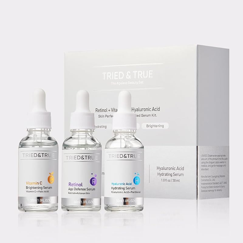 Kit de Séruns para o Rosto Tried & True com Retinol, Vitamina C e Ácido Hialurônico – 3 unidades