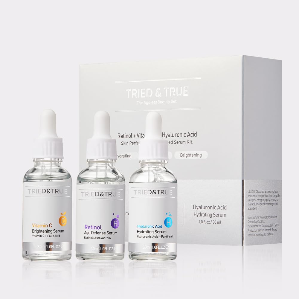 The Ageless Beauty Kit- Retinol Serum, Vitamin C Serum, and Hyaluronic Acid Serum- Skin brightening, anti-aging, skin perfecting kit- 3 Serum Set- TRIED & TRUE