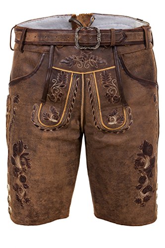 Edelnice Trachtenmode - Pantalón de Piel Tradicional bávaro Thomas Lederhosen con cinturón - Marrón - 58W x 42L