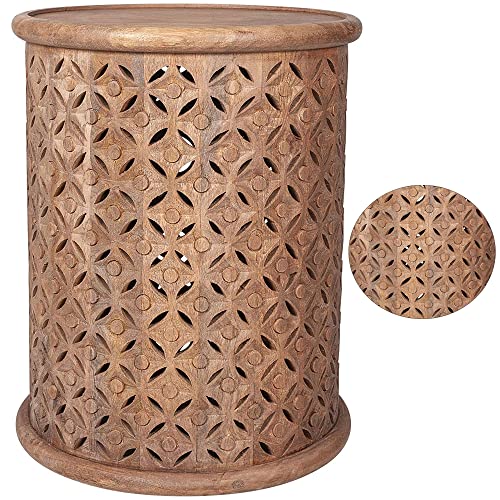 East At Main Wooden Drum End Table - 17" Dia X 21”H Hand Carving On Wood For Living Room, Small Spaces, Bedside Table, Nightstand, Entryway - Modern Mid Century Indoor Furniture #TOP3