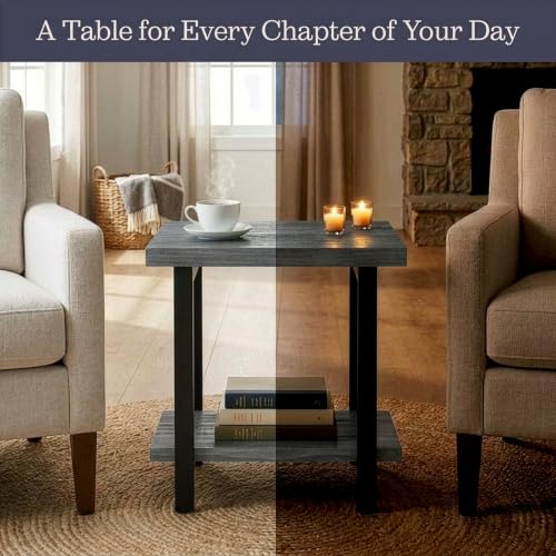 Image of Alaterre Furniture Pomona Solid Wood 2-Tier End Table, Slate Grey, 27 inch | Side Table or Nightstand with Storage Shelf and Metal Legs, Industrial Farmhouse Chair Side Table for Living Room or Bedroom