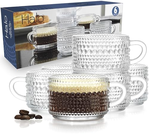 Glaver's Espresso Cups, Set of 6 Shot Glasses Mini 3 oz Coffee Espresso Mugs, Stackable Thick Glass with Handle - Hobnail Embossed Demitasse Cups Dishwasher Safe