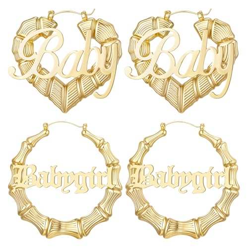 18K Gold Plated Bamboo Hoop Earrings for Women – Large Round Heart Design, 80/90s Ghetto Door Knocker Style, Trendy Hip Hop Jewelry Accessories
