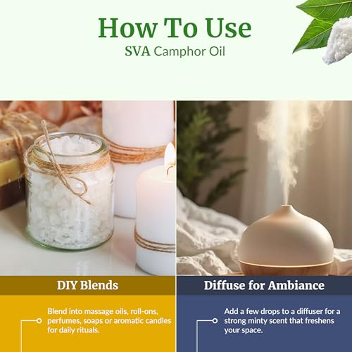 Image of SVA Camphor Essential Oil 4 Fl Oz - for Diffuser, Skin & Hair Care - Ideal for Massage & DIY Blends - with Dropper
