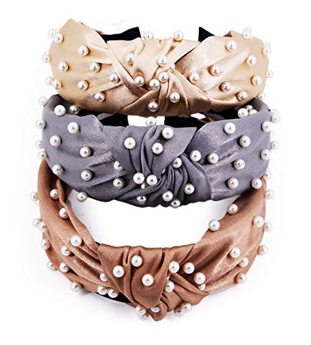 STHUAHE 3 Pack Fashion and Elegant Faux Pearl with Velvet Knot Wide Headbands Elastic Hair Hoops Hairband Headband Hair Accessories by Beauty Hair for Women and Girls (3 Color)