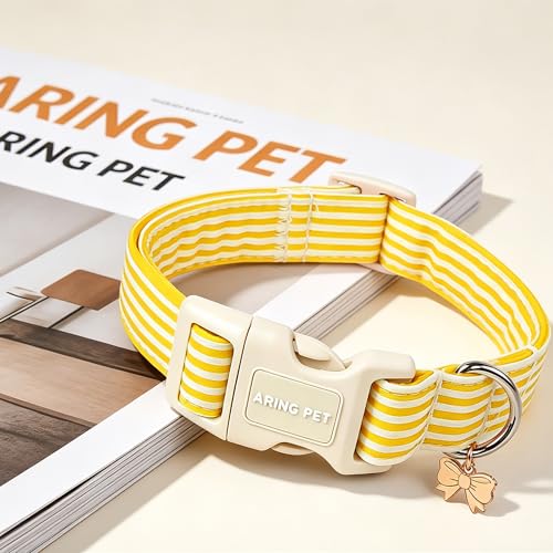 Image of ARING PET Dog Collar for Puppy Small Medium Large Dogs-Yellow Stripe M | Cute Spring Summer Fall Pet Collars with Bow Charm for XS S M L XL Boy Girl Dogs, Daily Wear Outdoor Walk Neighborhood Stroll