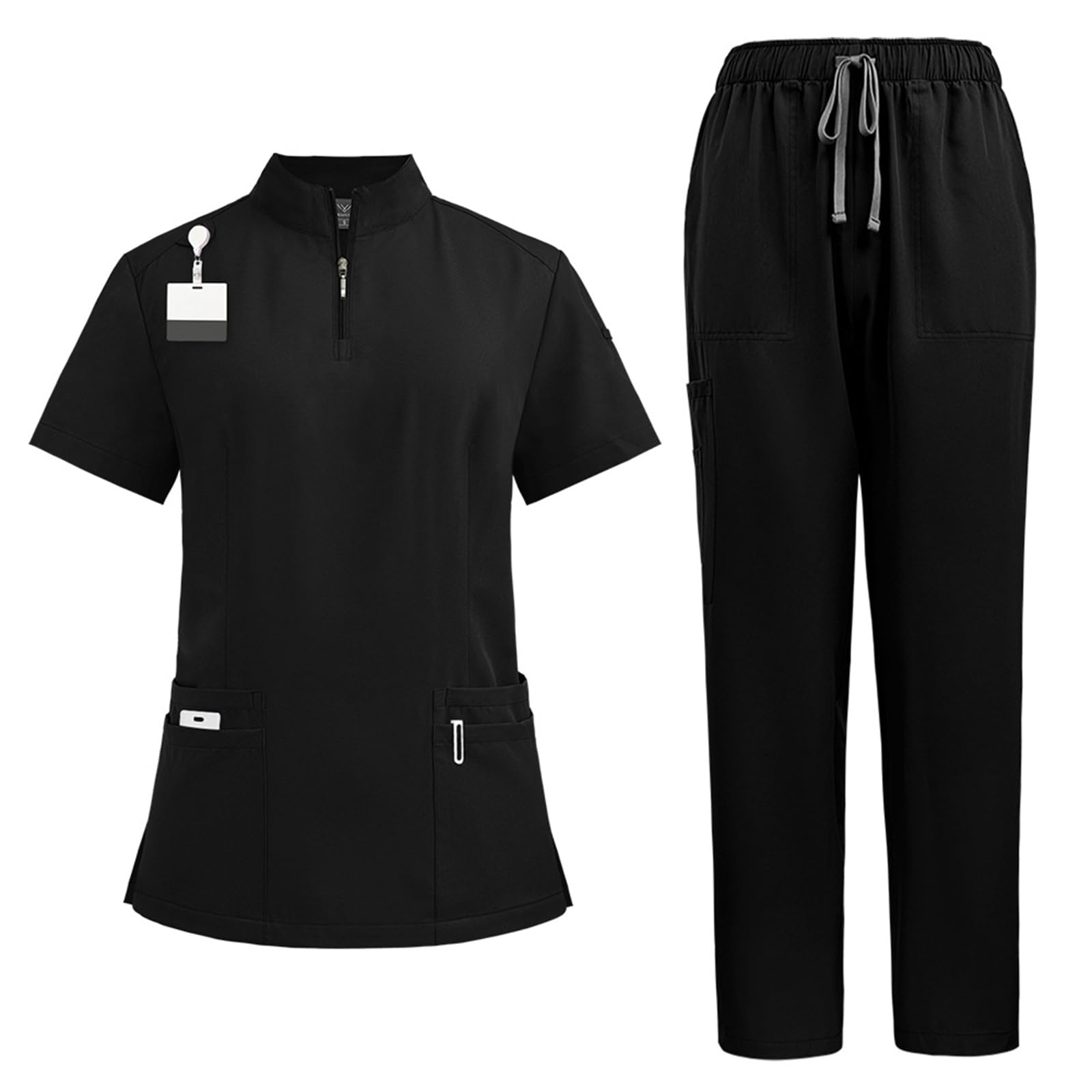 Set de uniformes médicos para mujer con cuello en V y cremallera, cuatro bolsillos, pantalón de yoga elastizado, uniforme de trabajo para atención médica, salón de belleza DK50