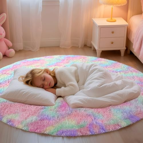 Rainbow Round Rug for Bedroom, 5Ft Fluffy Circle Area Rugs for Living Room, Shag Fuzzy Carpet for Kids Room, Nursery, Dorm, Classroom, Teen, Cute Baby Play Mat Home Decor Aesthetic