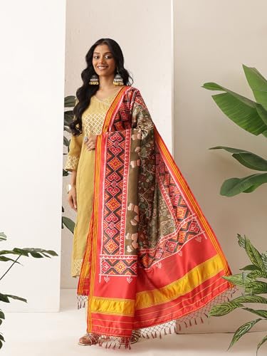 Image of Kalamkari Patola Dupatta Digital Printed With Handmade Tassels