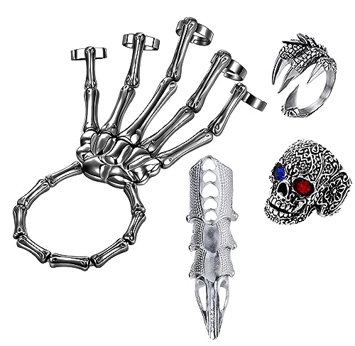 Image of LAKIYOYO 4pcs Halloween Skull Skeleton Hand Bracelet with Ring Punk Wristband Skull Fingers Hand Bracelet Skeleton Ring Hallowmas Gifts Jewelry