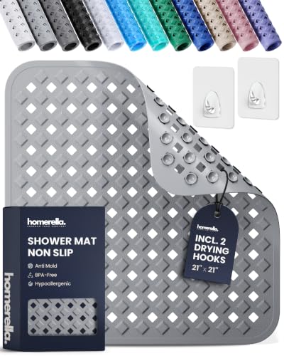 homerella Shower Mat Non Slip Anti Mold Non Slip Shower Mats for Inside Shower Stall Anti Slip Mat Square Shower Floor Mat 21 x 21 in with Suction Cups & Hooks for Quick Drying Machine Washable