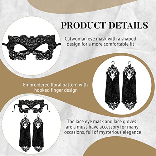 Jeere 2 Set Masquerade Mask and Long Finger Loop Gloves Halloween Venetian Lace Mask Set Carnival Dress Accessories Black Lace Mask Gloves for Women Party Costume - Image 3
