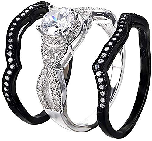 Natural 925 Sterling Silver Wedding Brides Engagement 3 pc set Black White Diamonique AAA CZ Adult LadiesWomens Rings 3.60 ct size 4-11.54