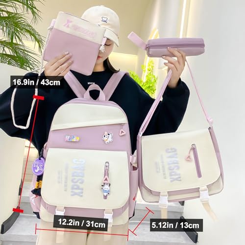 Kawaii 4PCS Backpack Set for Girls with Cute Bear Accessories - School Bookbag, Shoulder Bag, Handbag, Pen Pouch & More Student Back to School Supplies (24B01, Pink)2