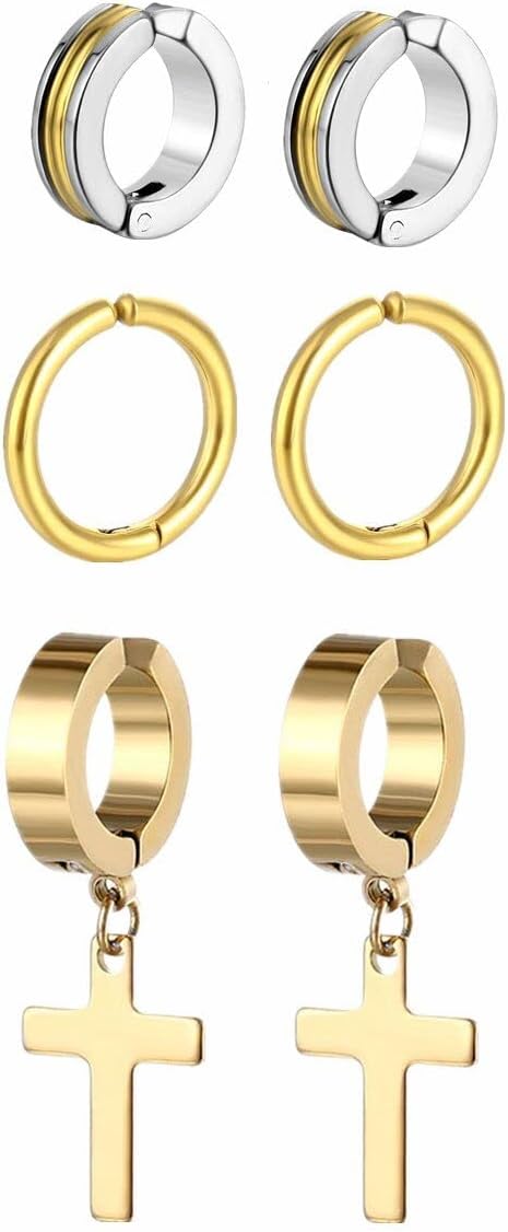 3 Pairs Clip On Hoop Earrings Set Stainless Steel Non Piecerd Cartilage Ear Cuffs Punk Rock Earrings Hoops Jewelry for Men Women