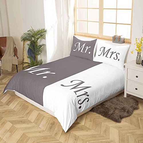 Homemissing Mr Mrs Duvet Cover Love Man Women Romance Bedding Set for Lover Couple Valentine Day Bedding & Linen Ultra Soft Grey White Creative King Size Zipper - Image 2
