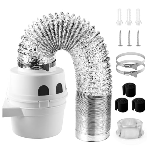 [UPGRADED] TDIDVKZW Indoor Dryer Vent Kit 4-In with 5-Foot Proflex Ducting Hose for Electric Dryers 3 in 1 Filter Bucket by Cenipar White