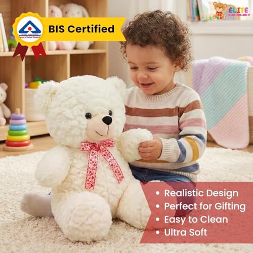 Image of ELITE CREATIONS Cute White Teddy Bear Soft Toy 25 cm | Small Plush Teddy Bear with Bow | Soft Stuffed Bear for Kids Boys Girls | Birthday Gift Toy