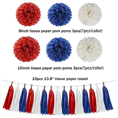 Image of Red White Blue Party Decorations - 23pcs Tissue Paper Flower Pom Poms Tassel Garland Pennant Banner Flags Streamers Patriotic 4th of July American Independence National Day Graduation Birthday Decor