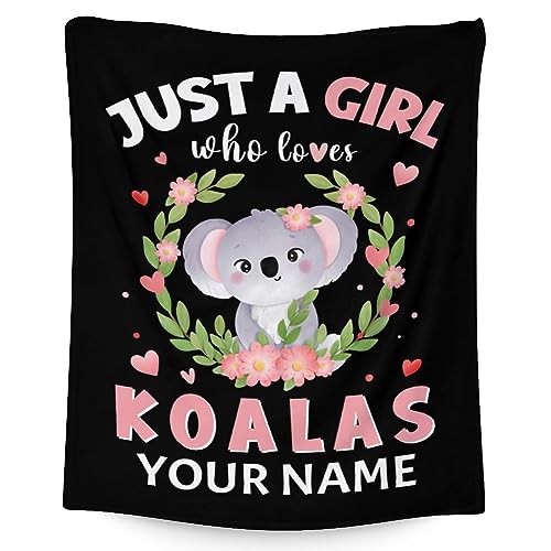 Personalized Koala Blanket Gifts with Name - 60"x80" Cute Throw for Women, Girls - Black Soft Fuzzy Blankets for Bed, Couch & Living Room