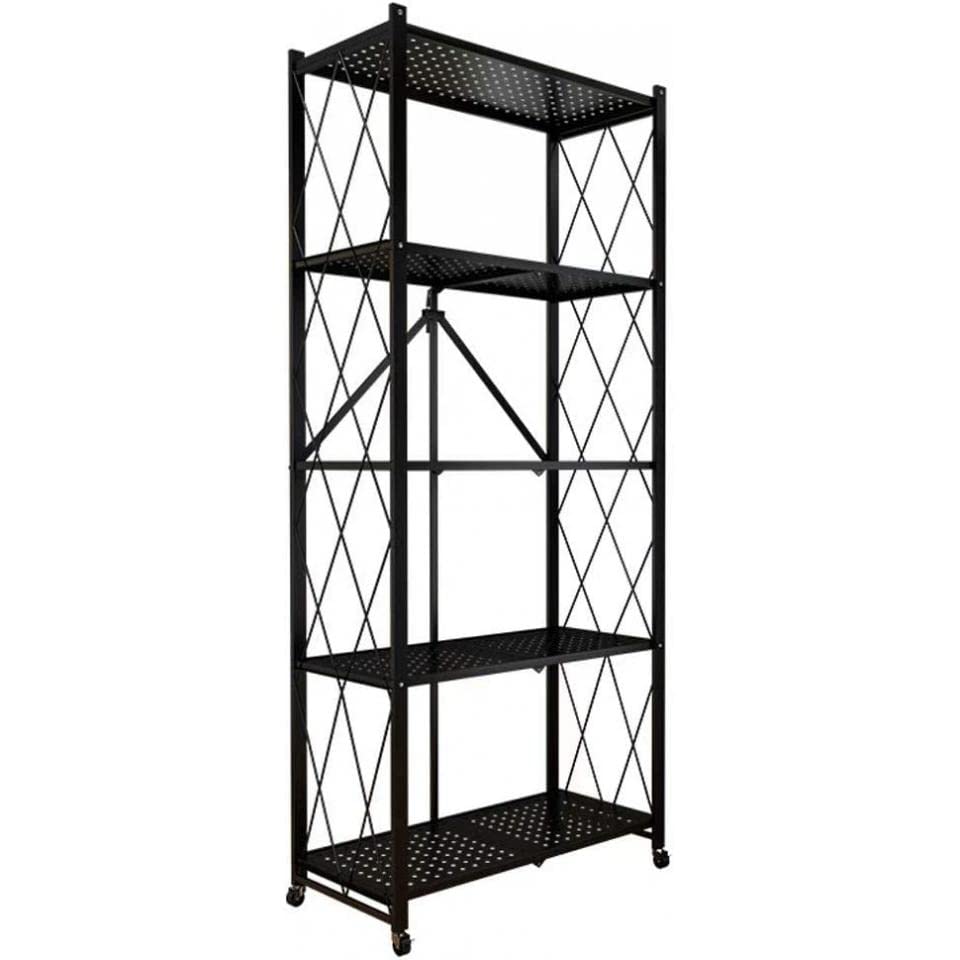 ALISSA5-Tier Standing Shelf Foldable Storage Rack with Wheels Installation-Free Removable Kitchen Shelf Space-Saving Storage Shelf (71 x 34.5 x 162 cm) (Black)