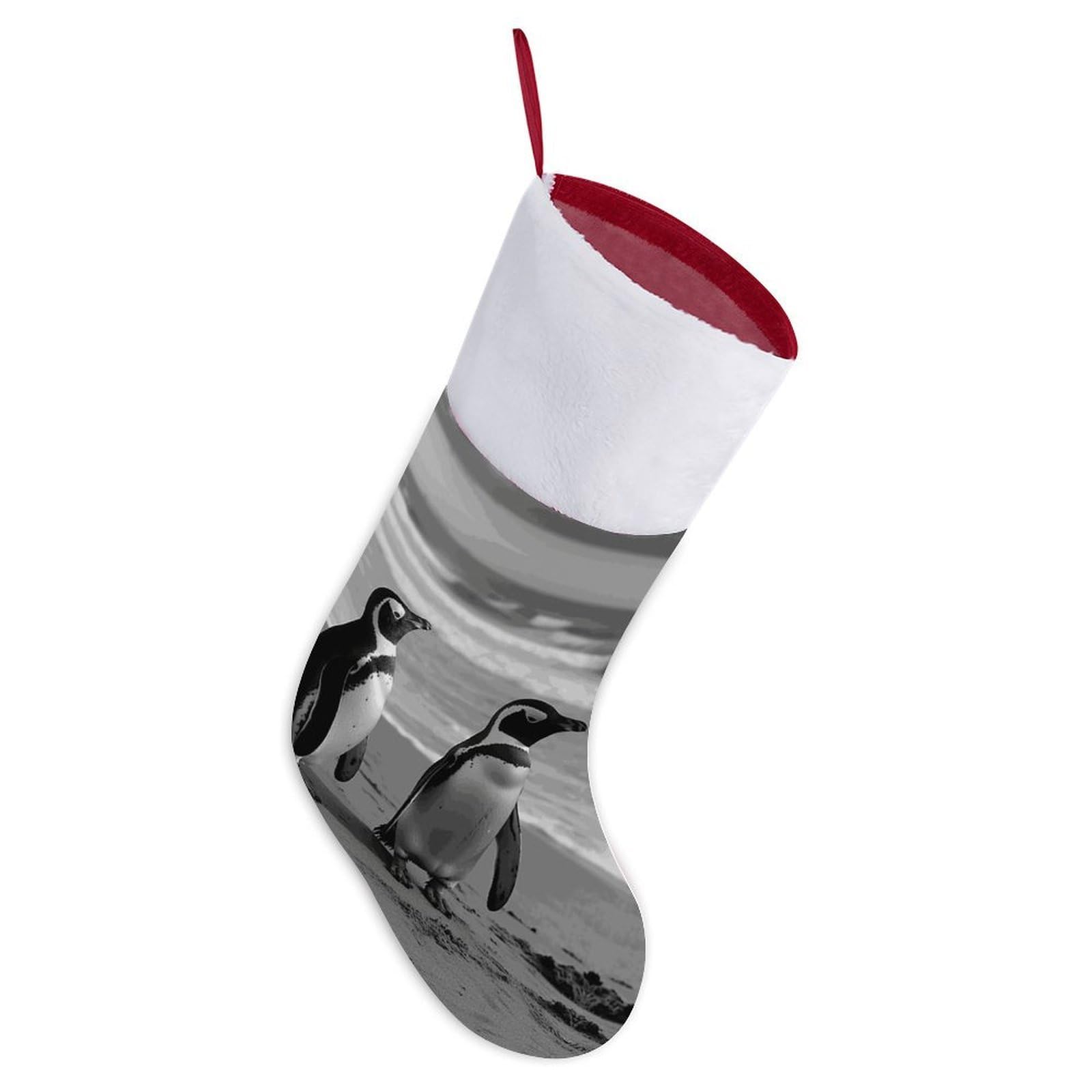 Penguin Standing on The Beach Christmas Stocking Comfortable Super Soft Plush Cuff Christma Stocking Xmas Eve Party Fireplace Tree Gift Decoration Socks for Family Holiday Party Gifts