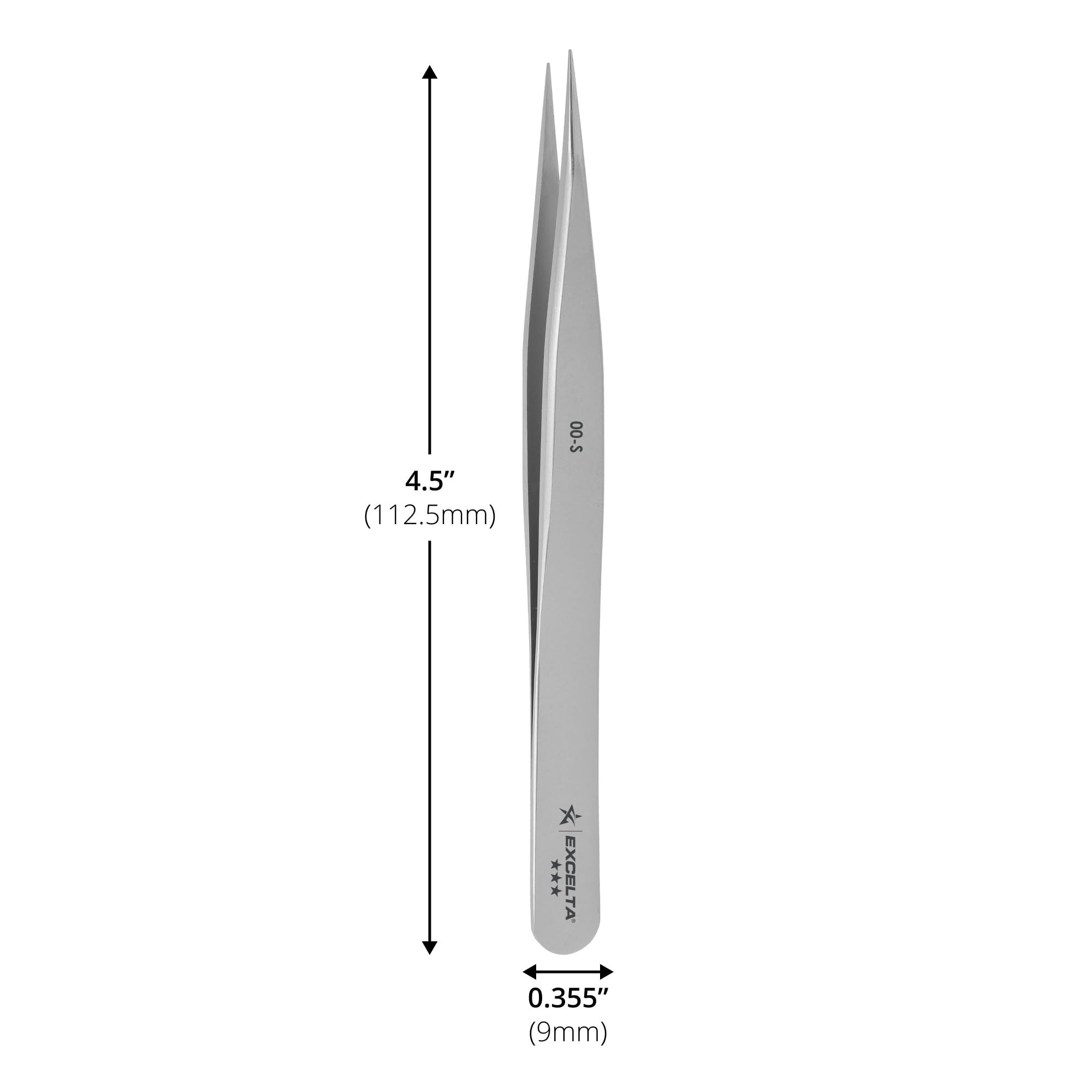 Excelta - 00-S - Pinzette a punta media forte - dritta - tre stelle - SS, altezza 0,09" 0,354999999999998" larghezza, lunghezza 4,5 cm