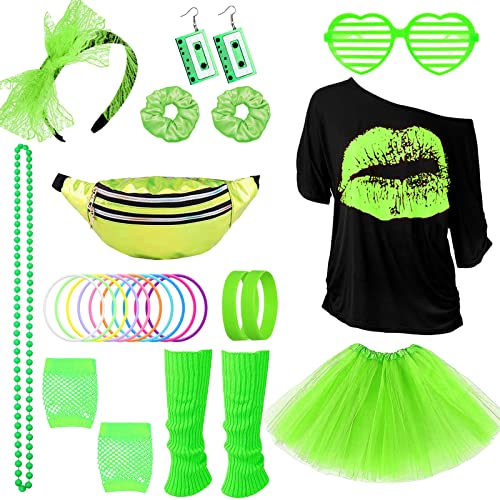 80s Costume Outfits Accessories Set for Girls, 1980s Fancy Dress Party Kits with T-shirt Tutu Bumbag Headband Earring Necklace Fishnet Gloves Leg Warmers Glasses Bracelet Scrunchies for Women Dress up
