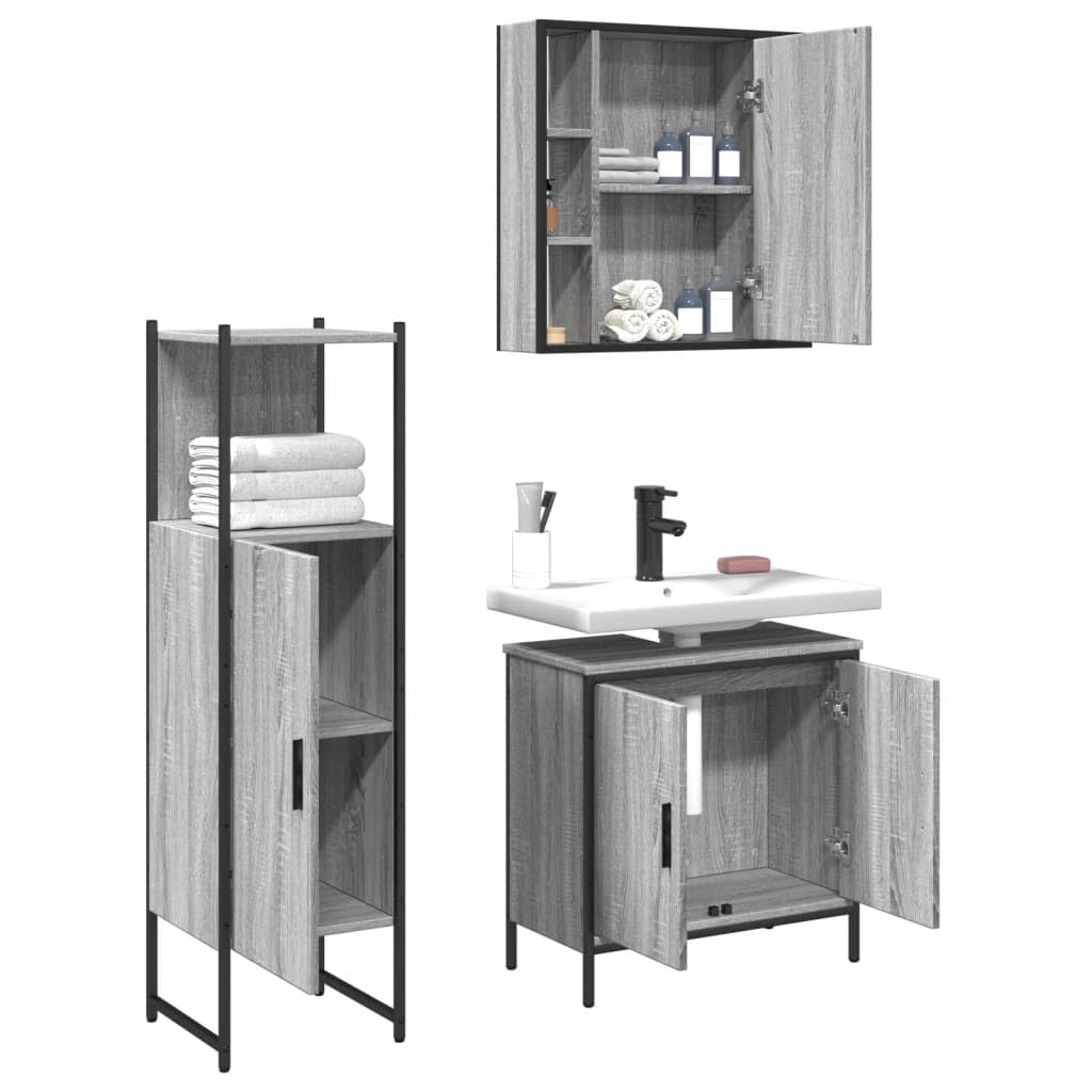 SYDE Set Mueble Baño 3 Piezas Gris Sonoma | Armario con Espejo, Estante Inferior, Acero Resistente, Patas Ajustables