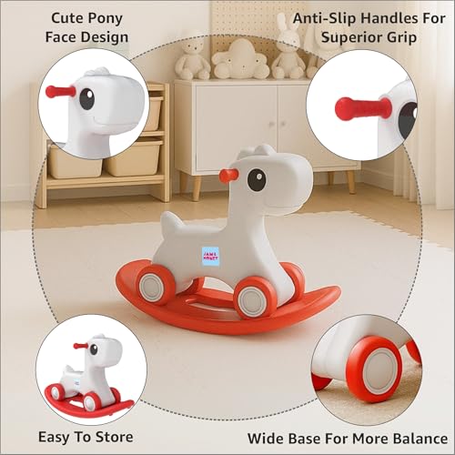 Image of Amazon Brand - Jam & Honey 3-in-1 Baby Push On Ride On Rocker for Kids | Balancing Board | Backrest | Easy Grip | Four Wheel | Durable and Safe | Lightweight | Animal Theme | 12 Months+ | Red & Grey