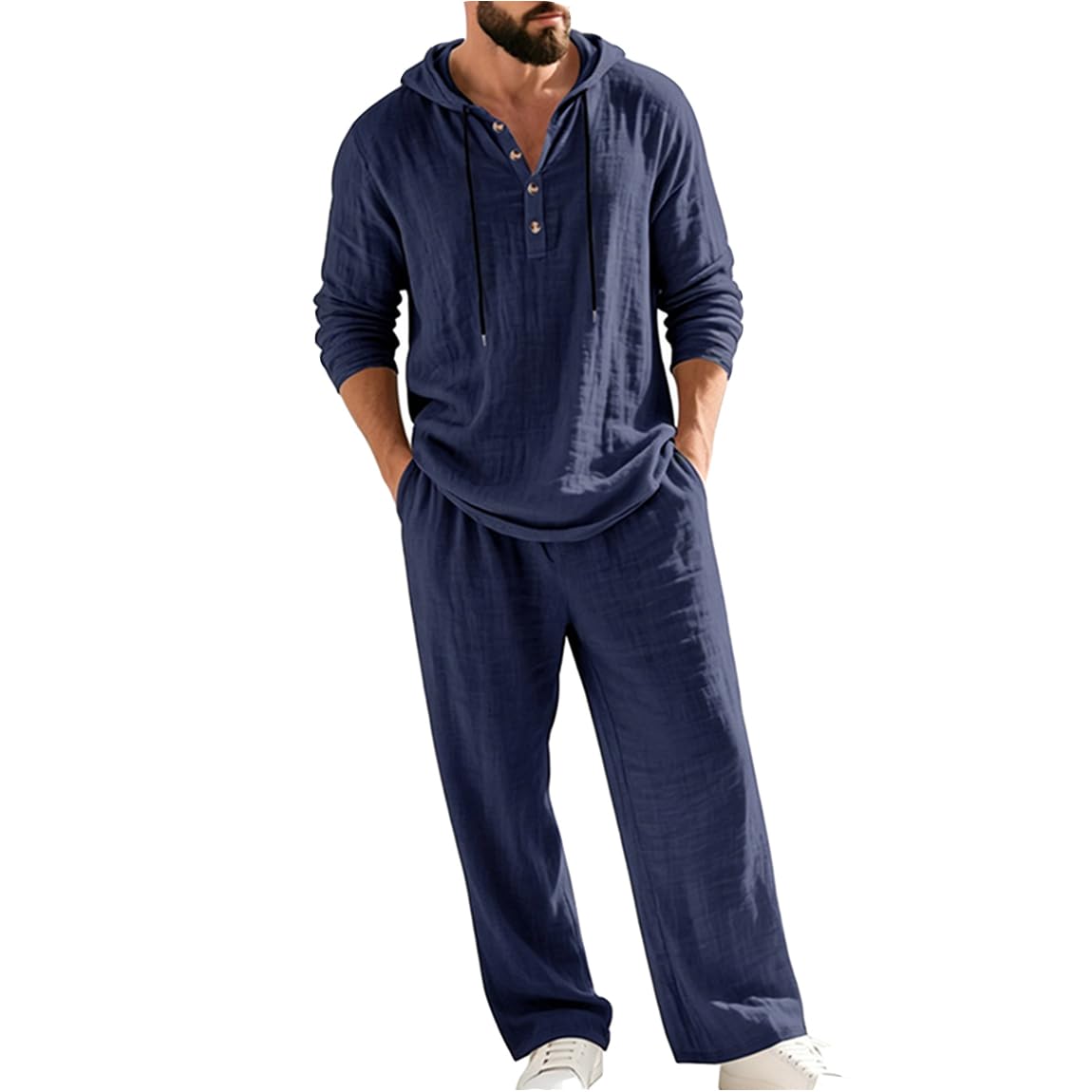 Générique Ensemble Homme 2 Pièces en Lin Mélangé Sweat à Capuche et Pantalon Ample Tenue Décontractée Respirante avec Cordon de Serrage Style Casual