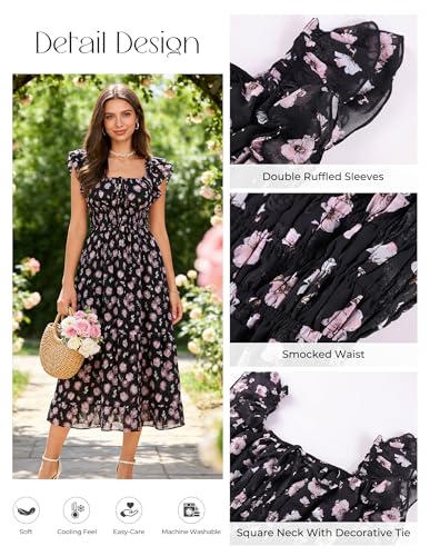 Image of GRACE KARIN 2026 Women's Spring Floral Midi Dress Square Neck Beach Wedding Guest Dresses Flowy A Line Casual Summer Clothes