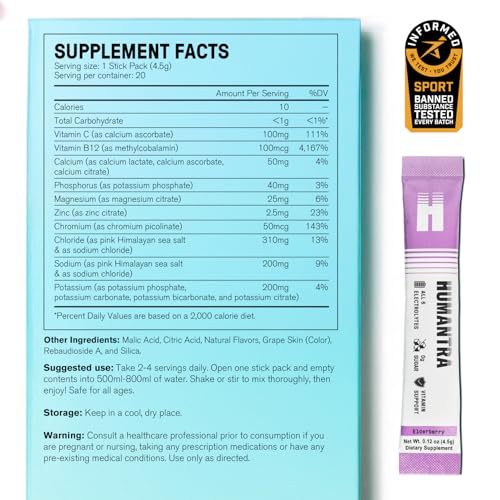 Humantra Electrolytes Powder - Elderberry Flavor, 20ct - Powdered Hydration Sachets - Plant-Based Electrolyte Powder with 6 Electrolytes - Vegan, Sugar Free, Gluten Free