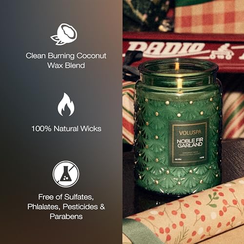 Image of Voluspa Noble Fir Garland, Large Candle Jar, 18oz, Coconut Wax Blend, Scented Candles for Home, 100 Hour Burn Time, Poured in the USA