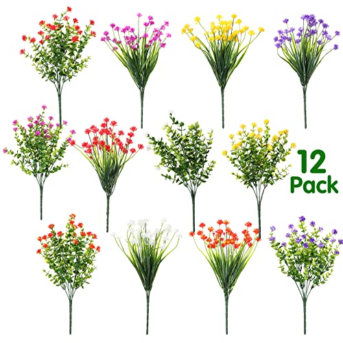 Willbond 12 Bundles Artificial Flowers Outdoor, Uv Resistant Faux Artificial Plants Shrubs Plastic Flower Bulk For Hanging Planter Porch Window Home Wedding Fall Summer Decor (Multi Color) #TOP1