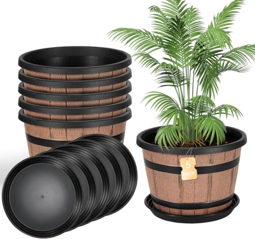 WEICHENGXING 14 Inch Whiskey Barrel Planters with Drainage Holes & Saucer, 5 Pack Plastic Plant Pots with Wine Barrel Design, Flower Pots for Indoor Outdoor Balcony by WEICHENGXING - Used condition - US$45.99