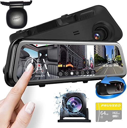 PRUVEEO 2K Mirror Dash Cam 3 Channel,Rear View Mirror Camera,Dash cam Front and Rear Inside,12''...