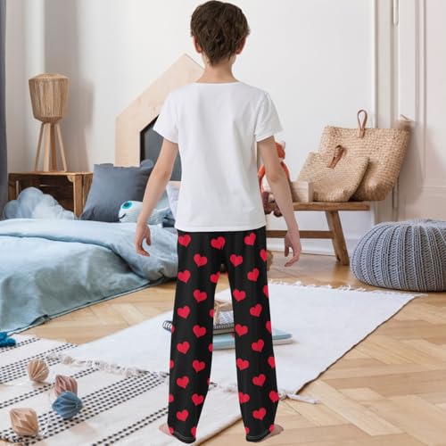 Boy's Pj Pants Valentines Day Red Heart Black Lounge Bottoms Elastic Waist Kids Joggers with Pockets Size 6-143