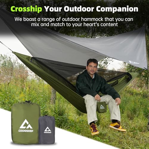 Image of Camping Hammock Mosquito Net with Rain Fly - Portable Parachute Nylon Backpacking Hammock for Outdoor, Hiking, Backpacking, Backyard, Beach, Travel (Hold Up to 500lbs)