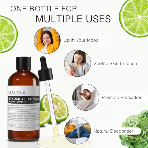 Image of Bergamot Essential Oil, Aromatherapy Oils for Skin, Face, Diffuser | Pure and Natural, Bergamot Oil for Body Massage, Home Freshening & Odor Elimination, Soap Candle Making, 100ML / 3.38 fl oz