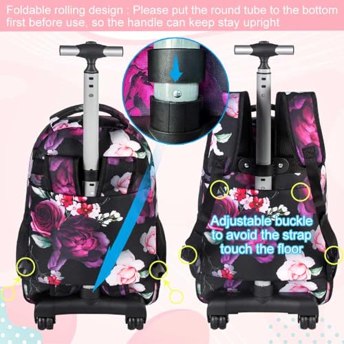 3Pcs Rolling Backpack for Girls, 19 Inche Rose Roller Bag with Wheels, Adults Wheeled Bookbag Set for Women(Black)3