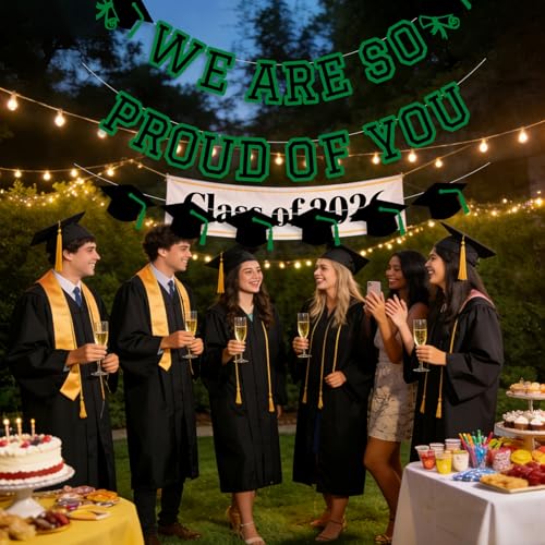 Image of We Are So Proud Of You Banner Graduation Party Decorations Congrats Grad Cap Garlands Wall Sign Green Black