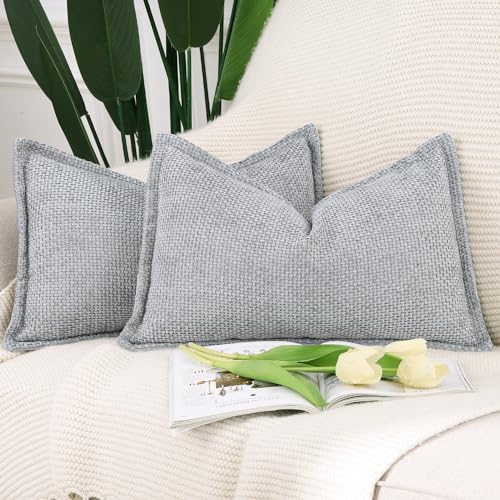 Image of MADIZZ Decorative Chenille Velvet Throw Pillow Covers Set of 2 Soft Boho Textured Neutral Couch Throw Pillow for Bed Modern Farmhouse Home Decor for Sofa Livingroom Grey 12x20 Inch