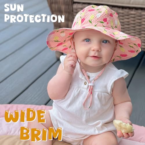 Image of HONGTEYA Baby Sun Hat Toddler Girl Beach Hat Sun Protection Adjustable Outdoor Summer Wide Brim Bucket Hat for Infant Kids